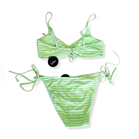 Lulus NWT Check Yourself Out Light Green Gingham Bikini Set Top M Bottom S - Picture 7 of 10